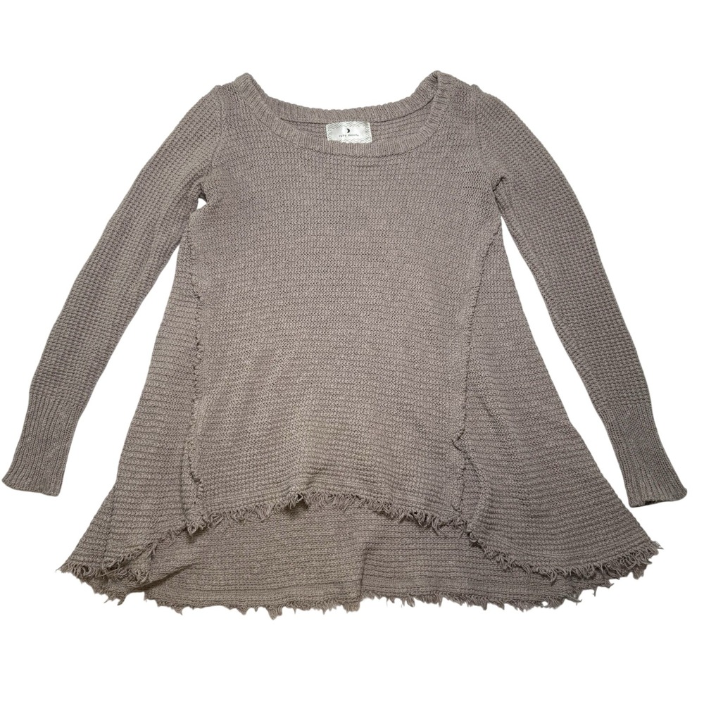Ruby Moon Sweater Women XS Taupe Excellent Waffle‎ Knit Frayed Hem Cotton Top